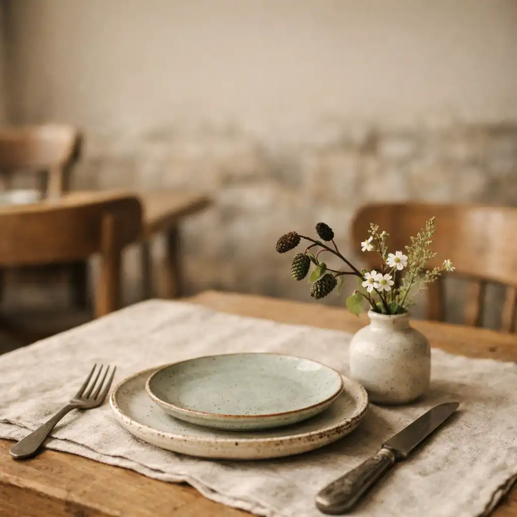 Détail de décoration : table en bois massif avec nappe en lin brut, assiettes en céramique artisanale et branche d'aulne