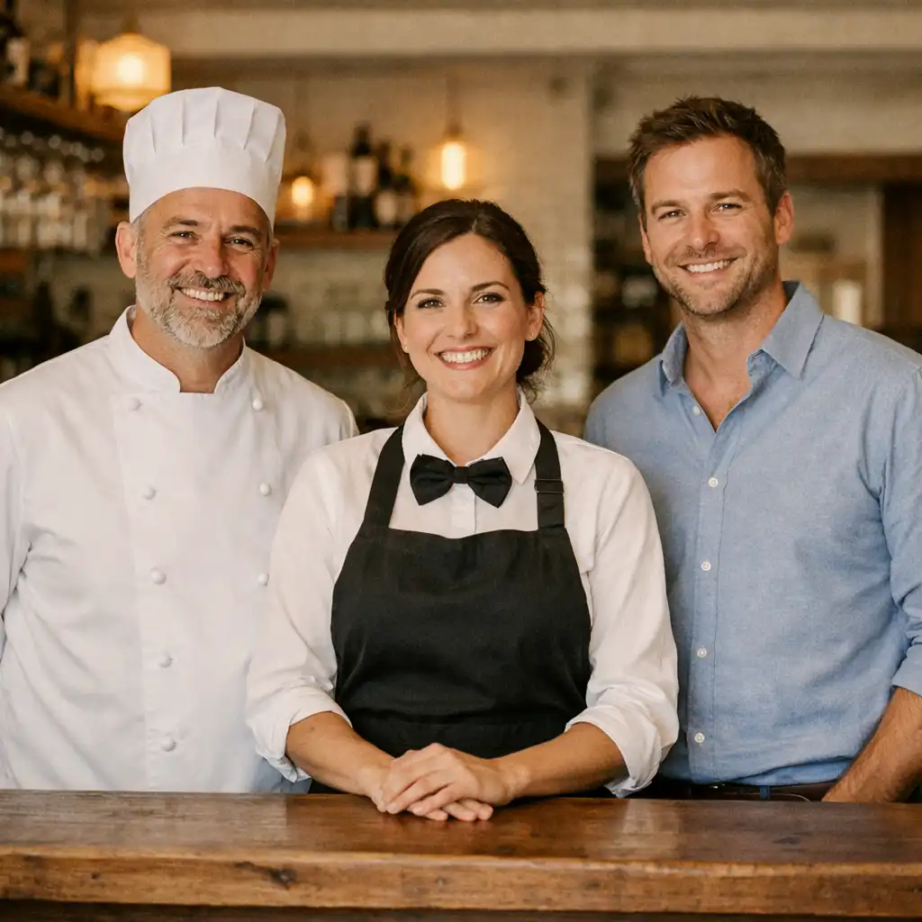 Portrait de groupe de l'équipe du restaurant devant le comptoir en bois