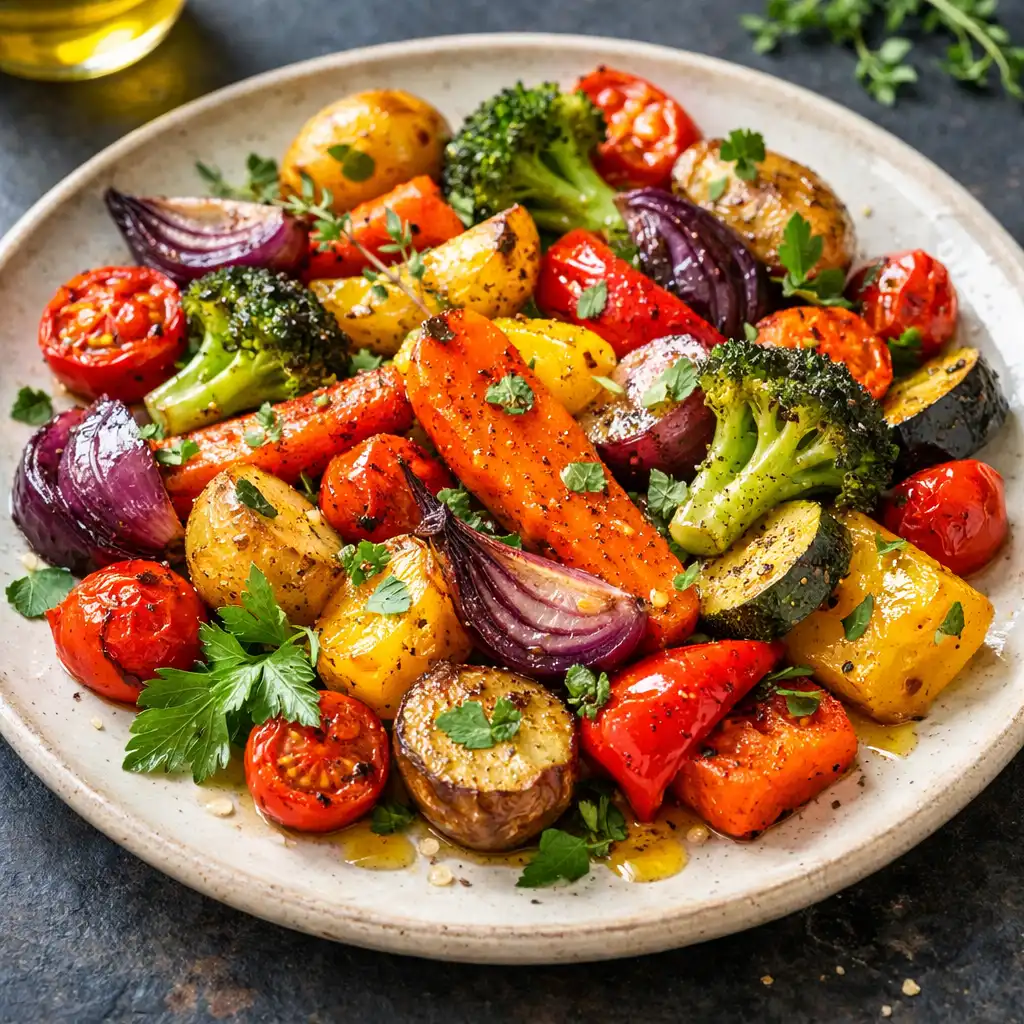 Assiette de légumes rôtis colorés avec herbes fraîches