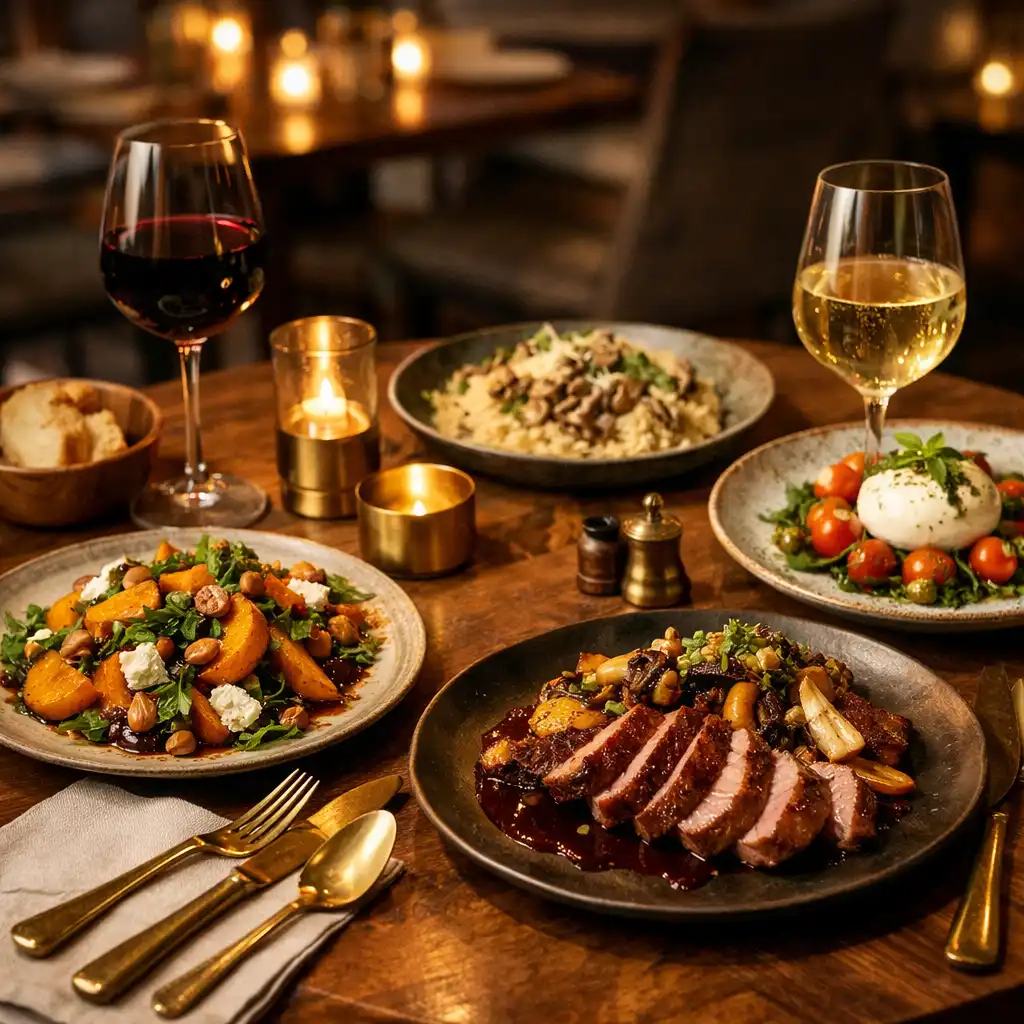 Table dressée avec plats de saison et verres de vin