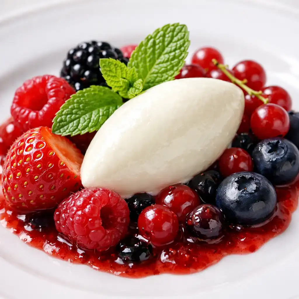 Dessert aux fruits rouges avec quenelle de crème