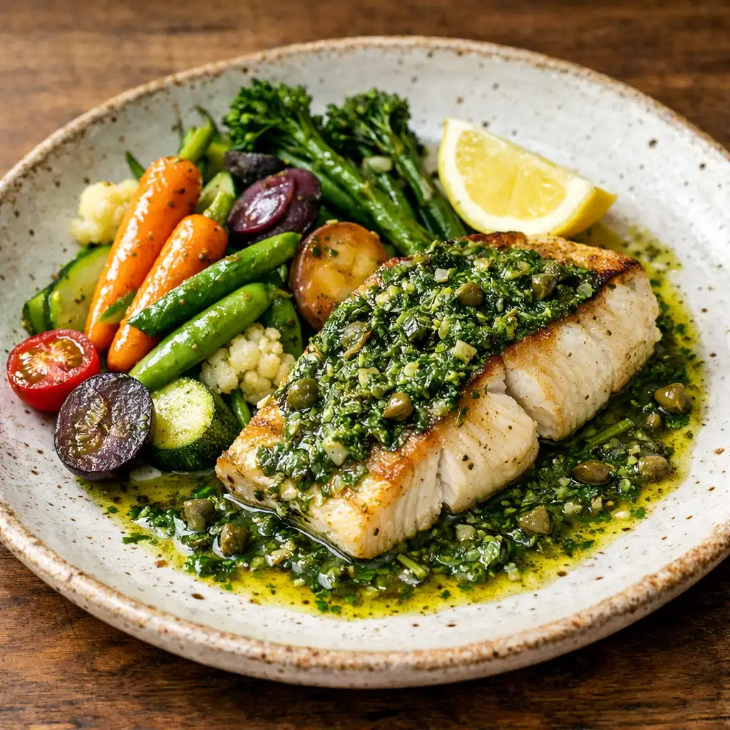 Plat de poisson avec sauce aux herbes et légumes de saison