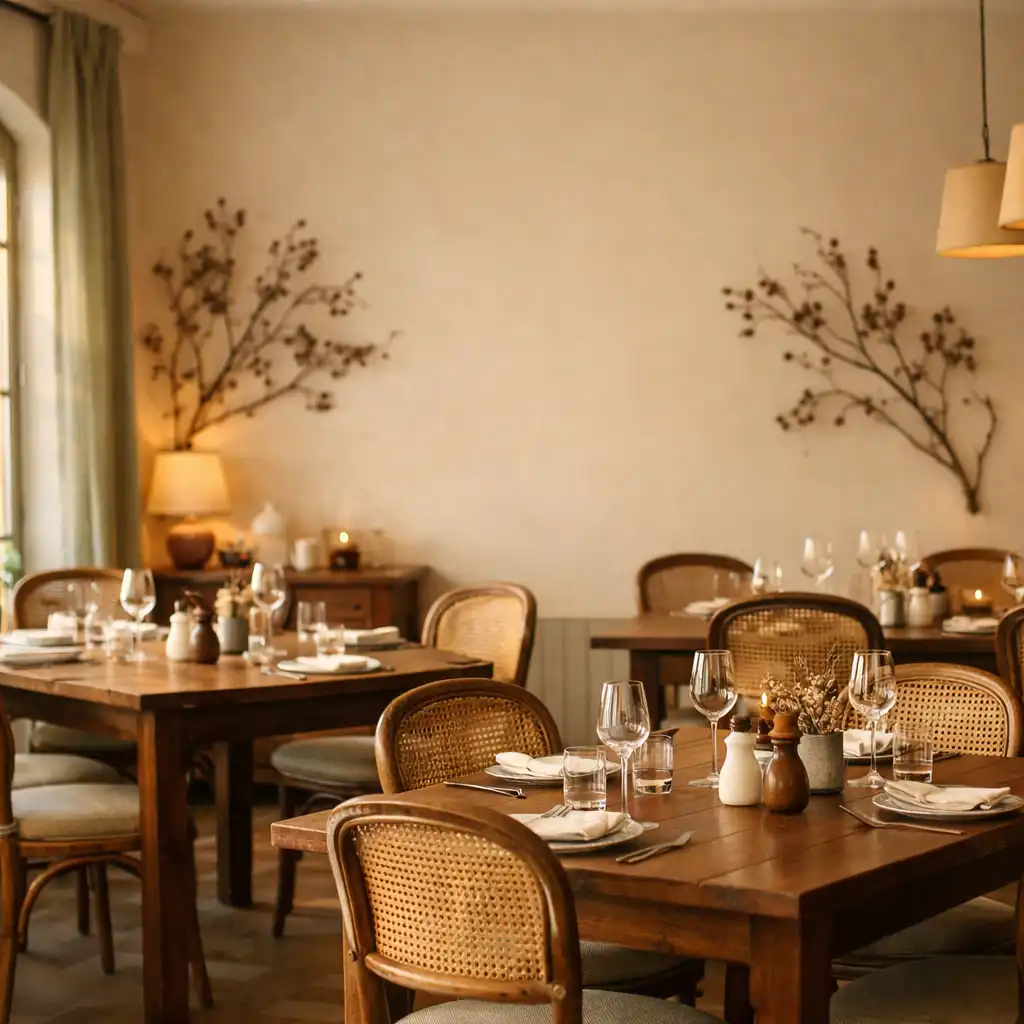 Vue d'ensemble de la salle du restaurant Table des Aulnes, baignée d'une lumière naturelle chaude, avec tables en bois massif et chaises en rotin.
