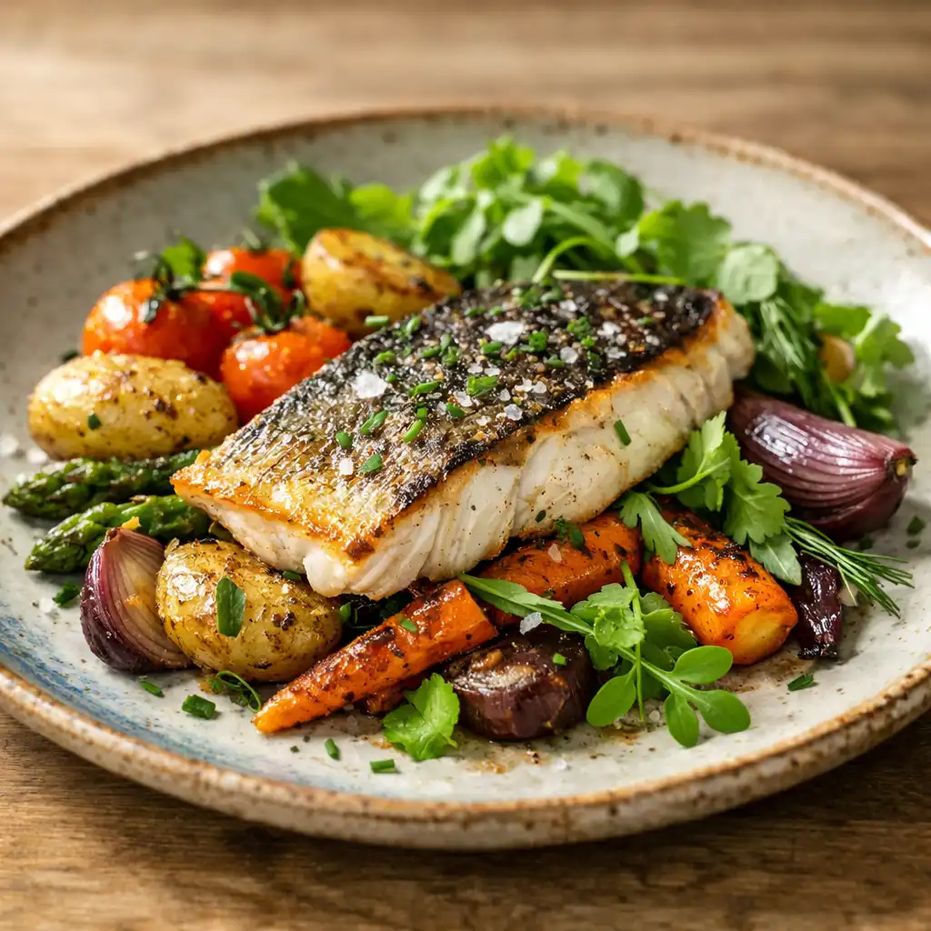 Gros plan d'un plat de saison : assiette en céramique artisanale avec un filet de poisson, légumes rôtis et herbes fraîches.