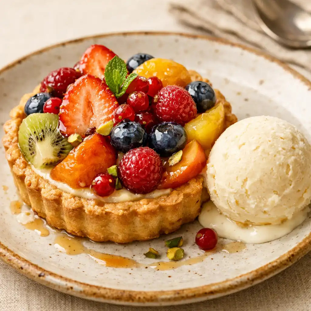 Vue rapprochée d'un dessert : tarte aux fruits de saison sur une assiette en grès, avec une boule de glace à la vanille.