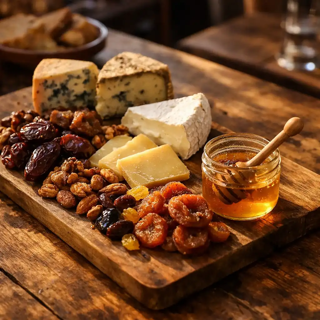 Plan moyen d'une planche de fromages affinés avec des fruits secs et du miel, posée sur une table en bois.
