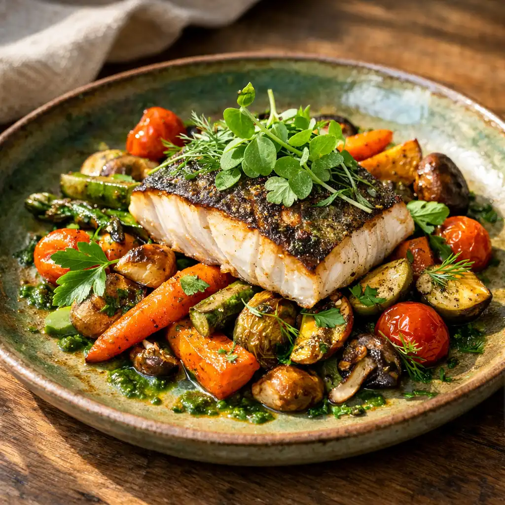 Plat signature de saison avec légumes rôtis et poisson