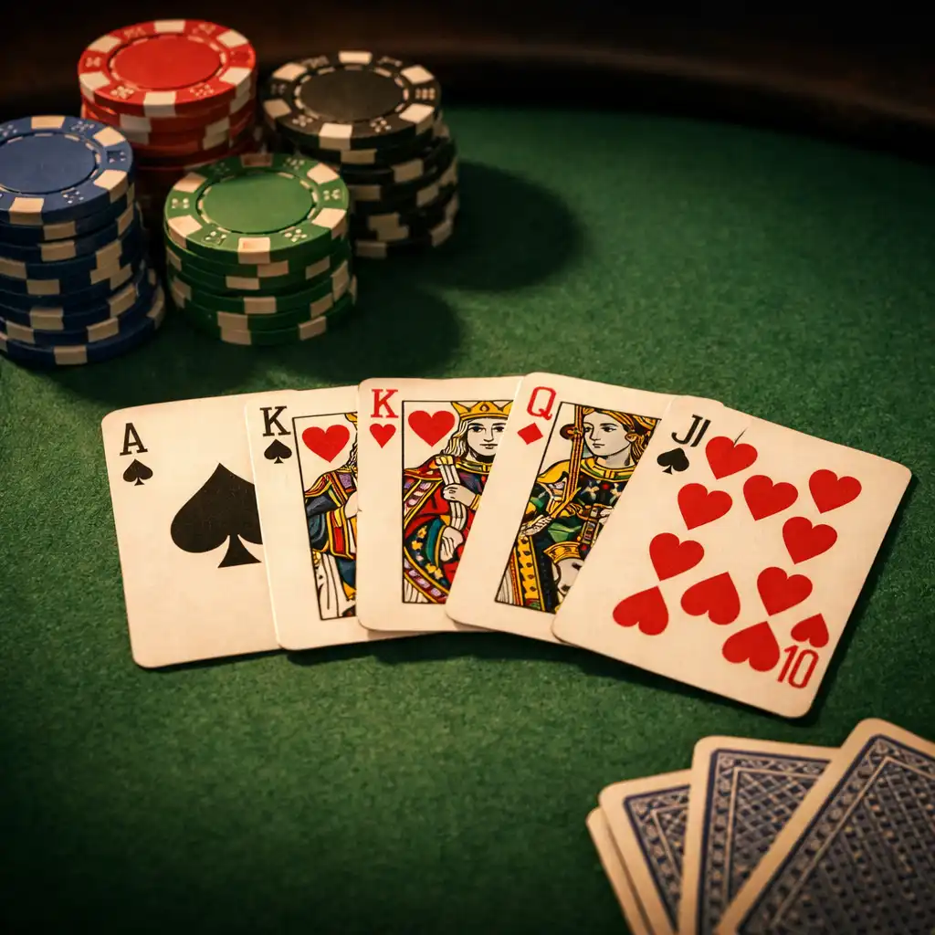 Gros plan sur une table de poker : feutrine verte, jetons en argile, cartes à jouer étalées.