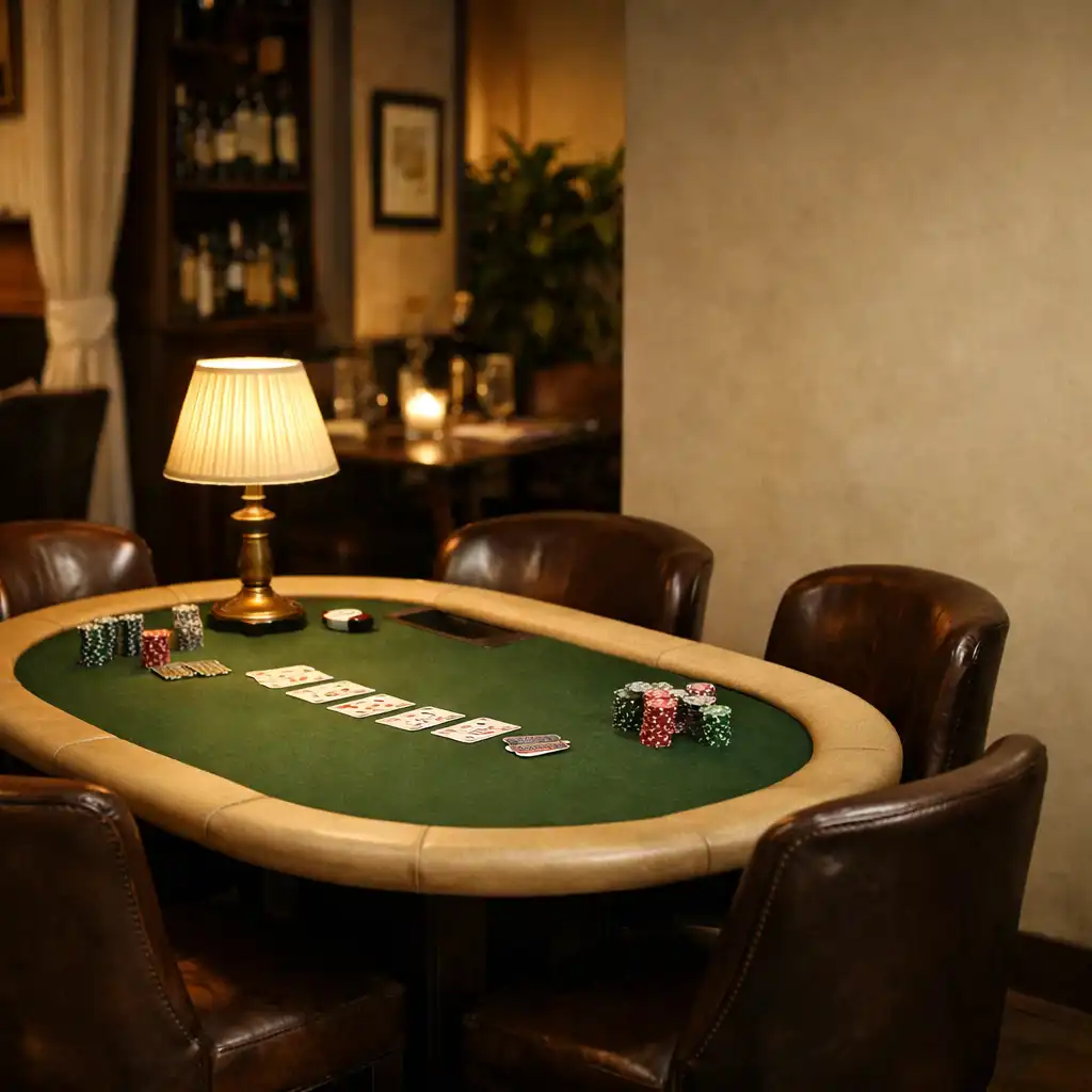 Vue d'ensemble d'une table de poker dressée dans un coin du restaurant, avec des chaises en cuir et une lampe basse.