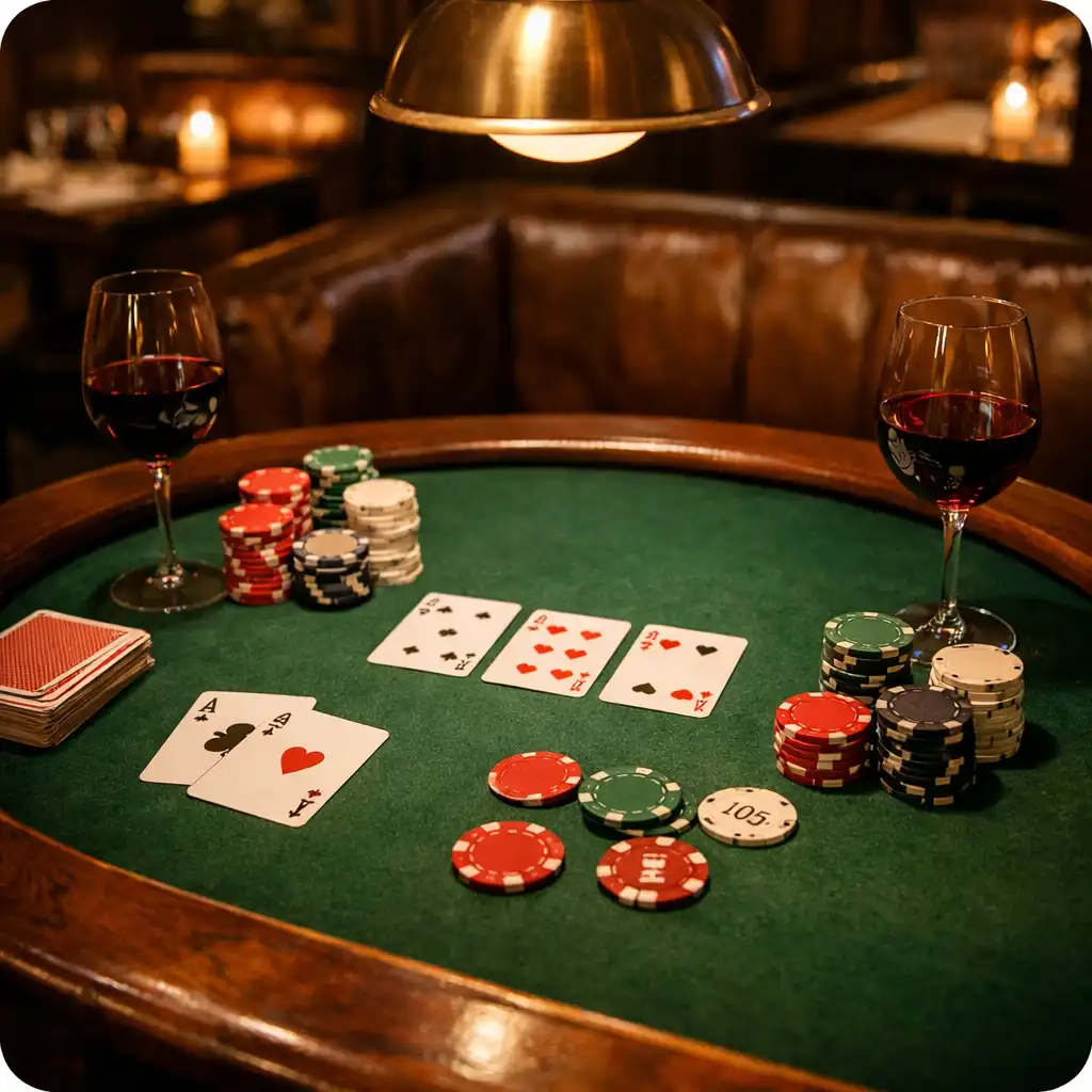Table de poker élégante avec cartes, jetons et verres de vin