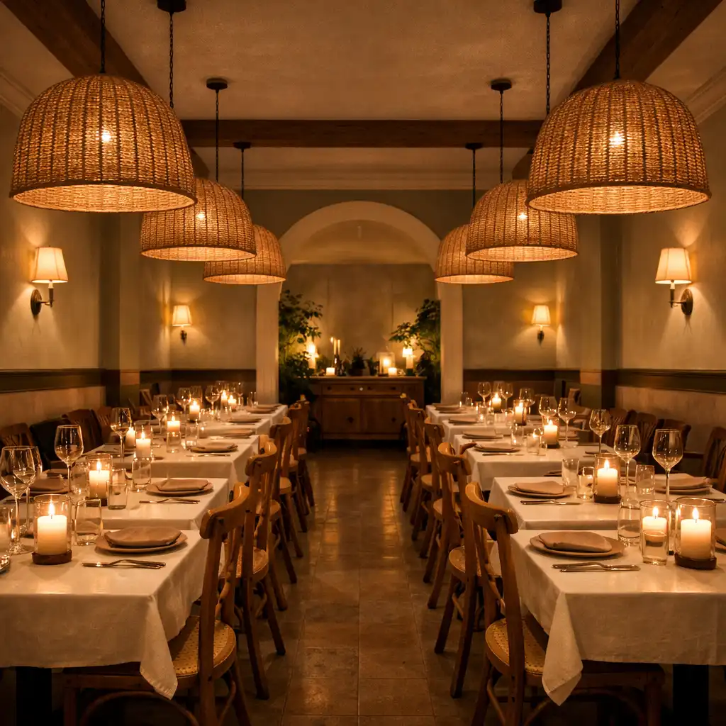 Vue de la salle principale du restaurant, avec ses tables dressées, ses chaises en bois et ses suspensions en osier, dans une lumière du soir tamisée.