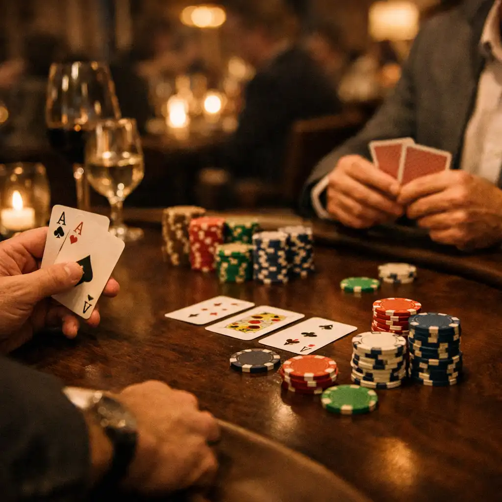Table de poker en bois sombre avec des mains de joueurs tenant des cartes et des jetons colorés, éclairage chaleureux
