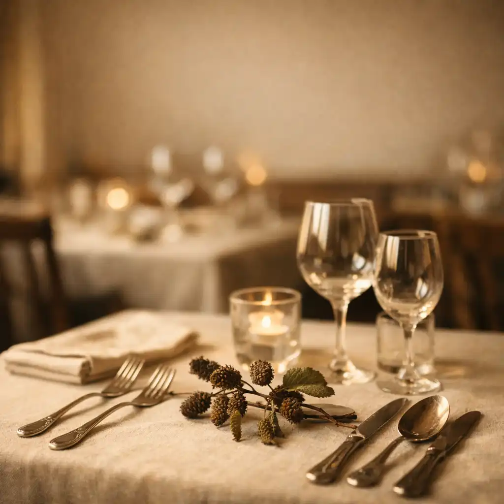 Table élégante dressée avec nappe en lin crème, couverts en argent et verres à vin, dans une ambiance chaleureuse