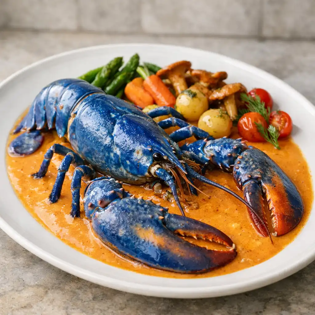 Homard bleu poché, nappé de bisque onctueuse, accompagné de légumes de saison