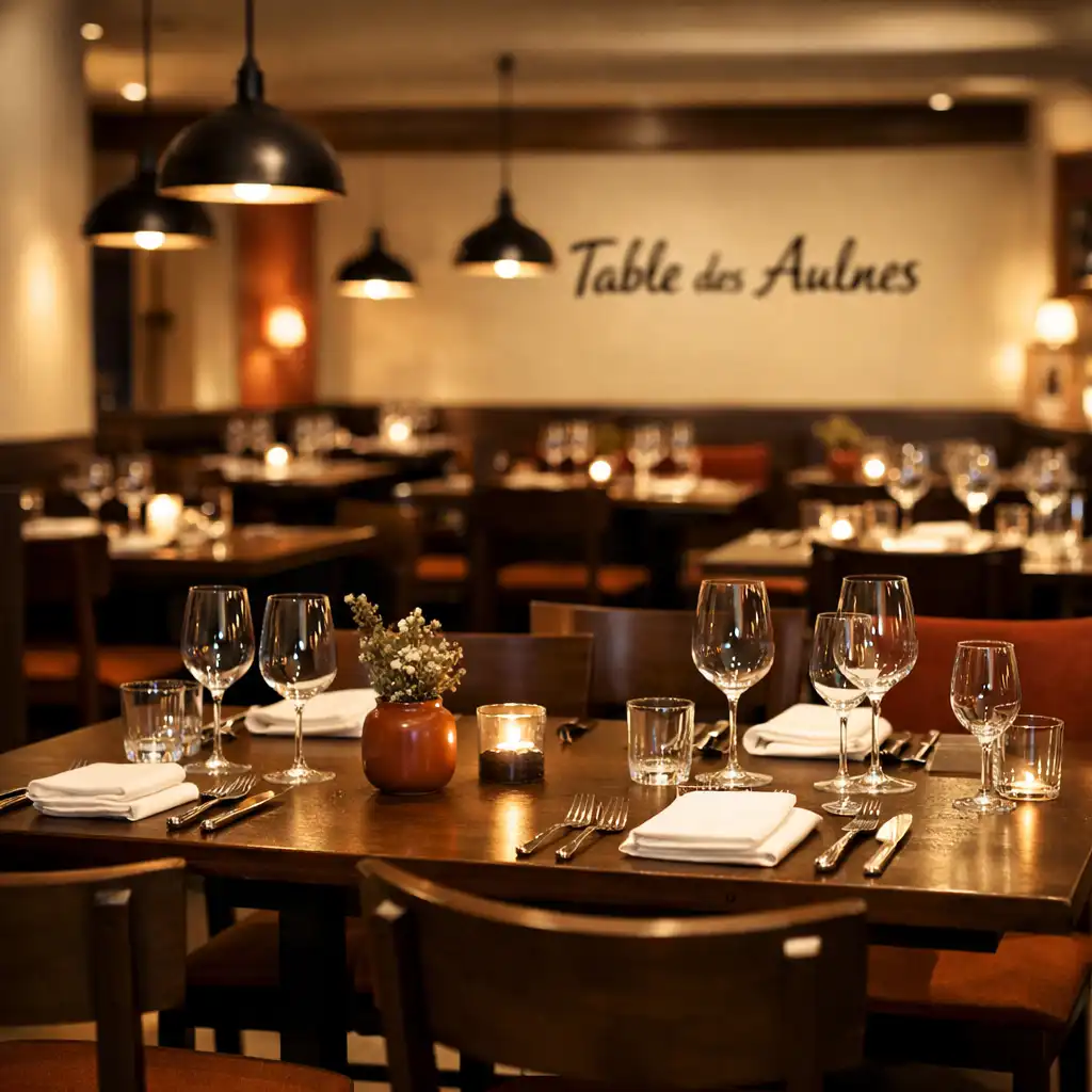 Intérieur actuel du restaurant avec tables dressées et lumière tamisée