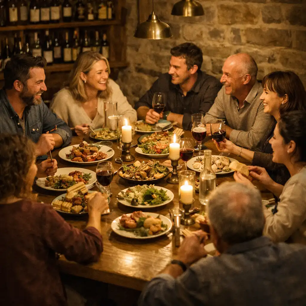 Moment de convivialité autour d'une grande table en bois, avec des convives riant et partageant un repas