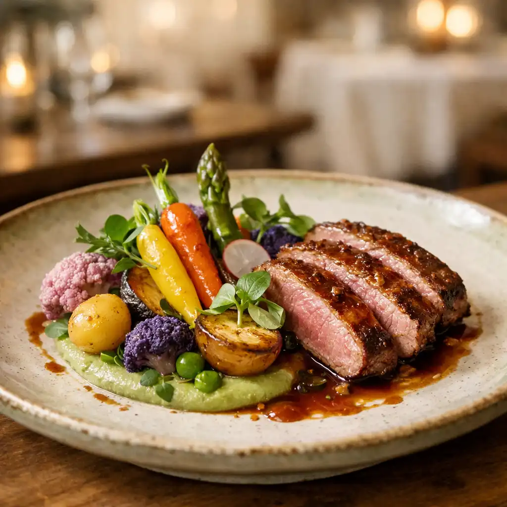 Plat de saison raffiné avec légumes colorés et viande dressée sur une assiette artisanale