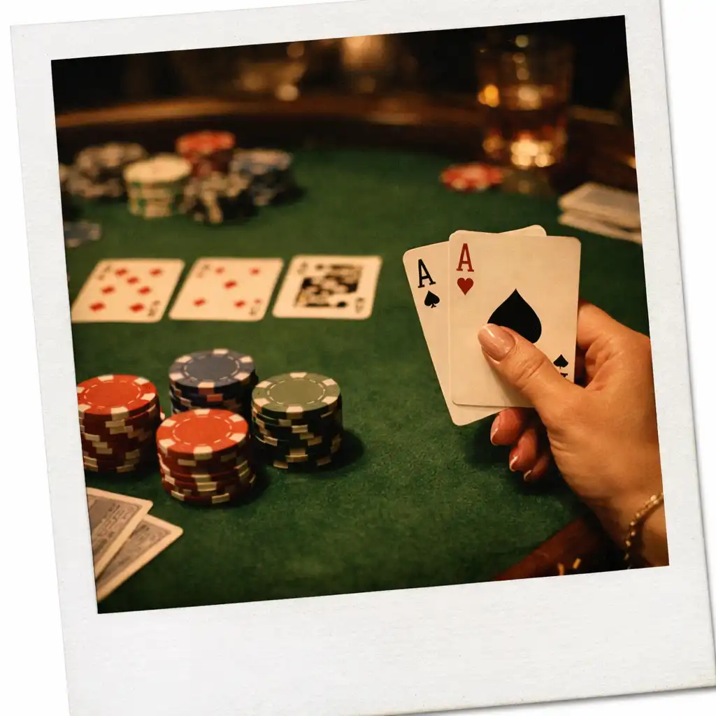 Table de poker en feutre vert avec cartes à jouer, jetons en céramique et une main tenant des cartes
