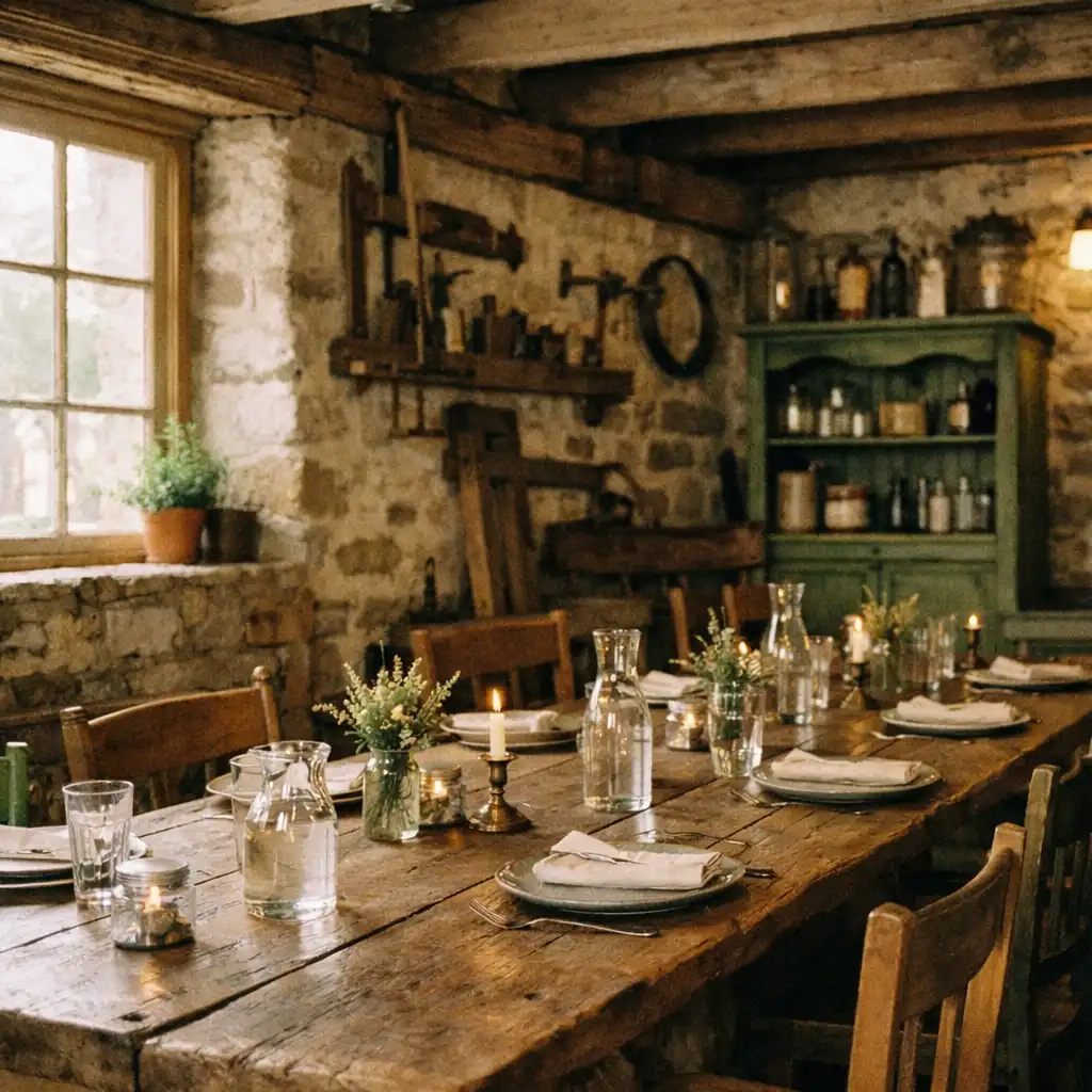 Ancien atelier d'artisan transformé en restaurant, avec poutres en bois et grande table brute