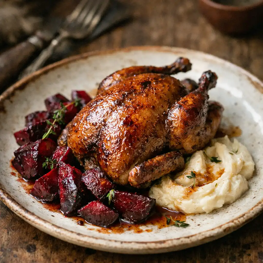 Pigeon rôti entier, doré et juteux, accompagné de betteraves rôties et de purée de céleri