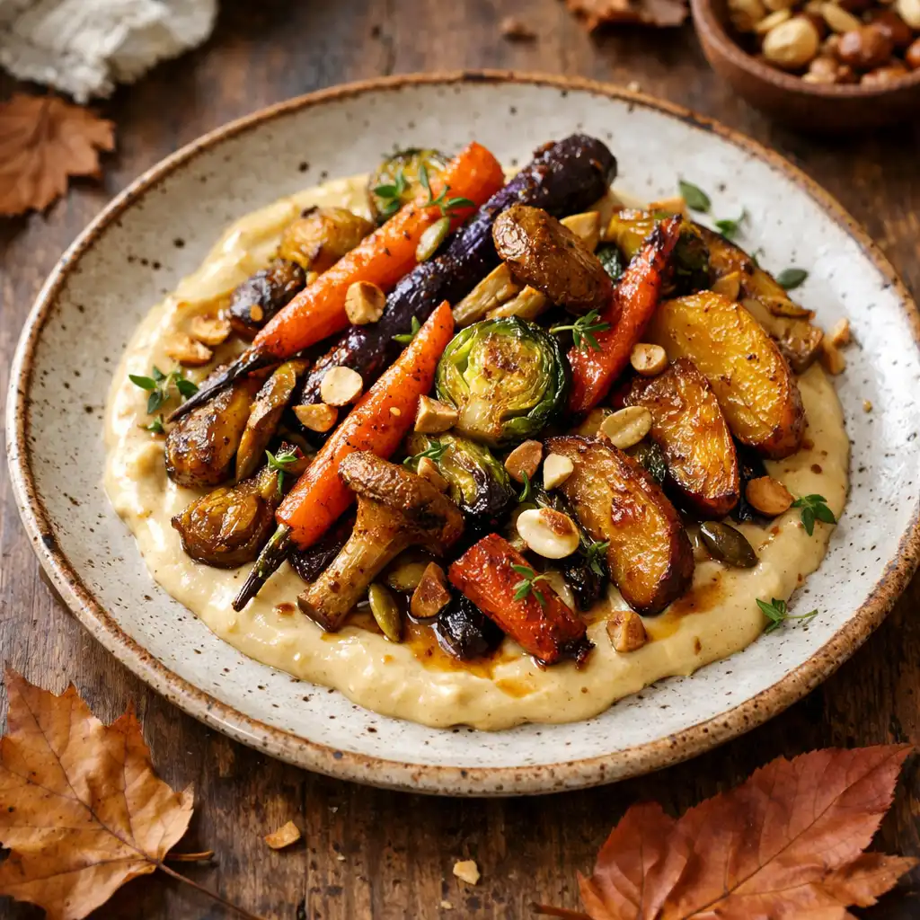 Plat de saison automnal avec légumes rôtis et sauce onctueuse