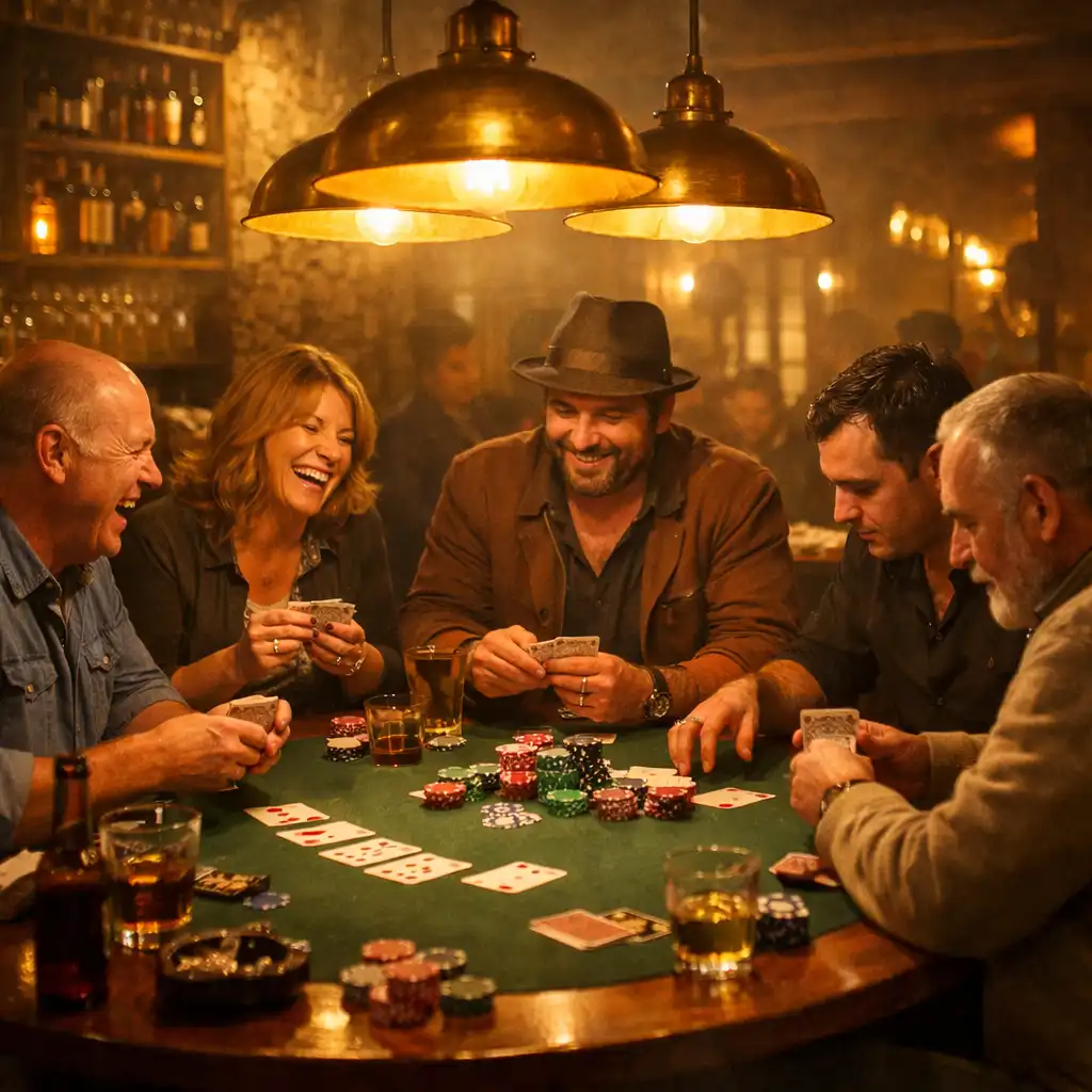 Scène d'ambiance d'une soirée poker dans un restaurant chaleureux, plusieurs joueurs autour d'une table ronde