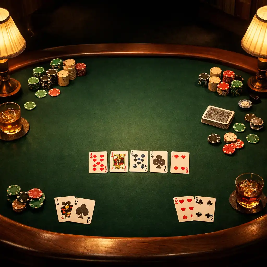 Table de poker élégante avec cartes, jetons et tapis vert dans une salle tamisée