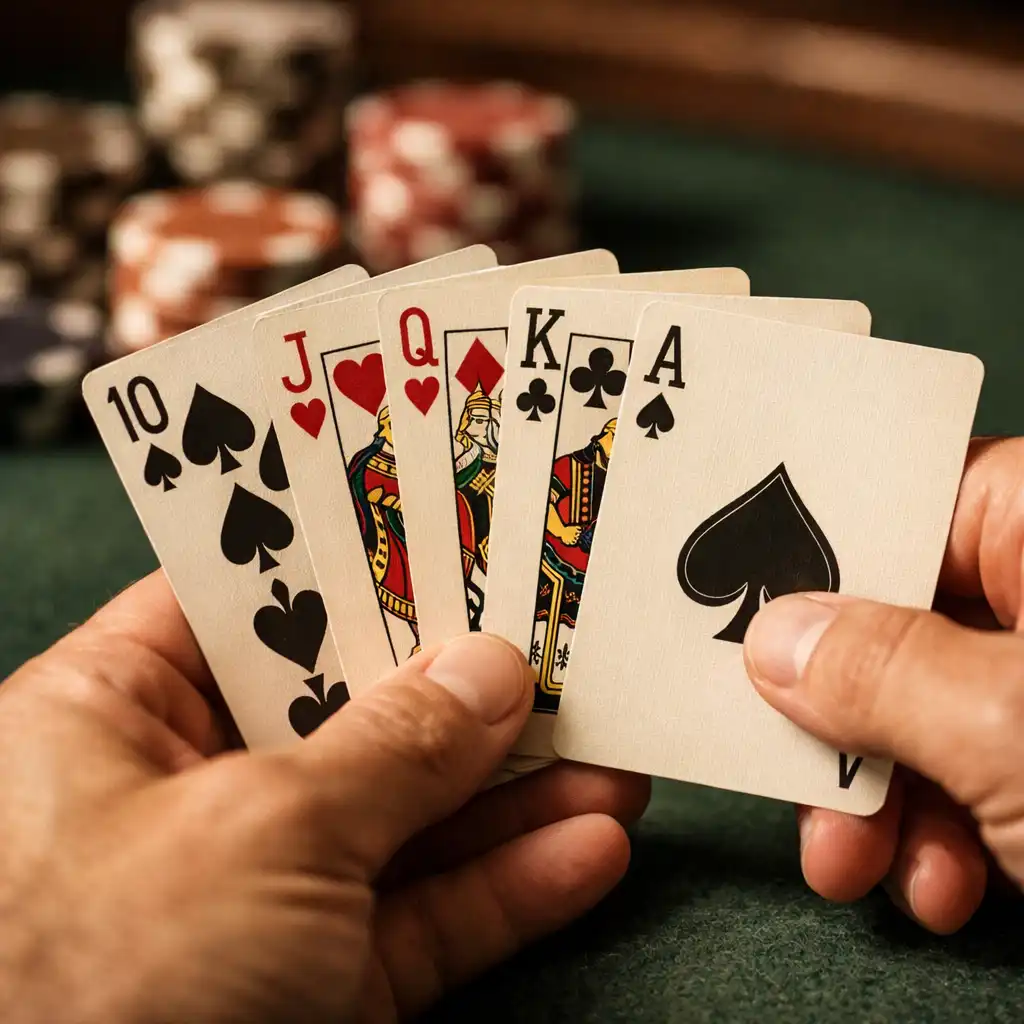 Gros plan sur des mains tenant un éventail de cartes à jouer, jetons flous en arrière-plan