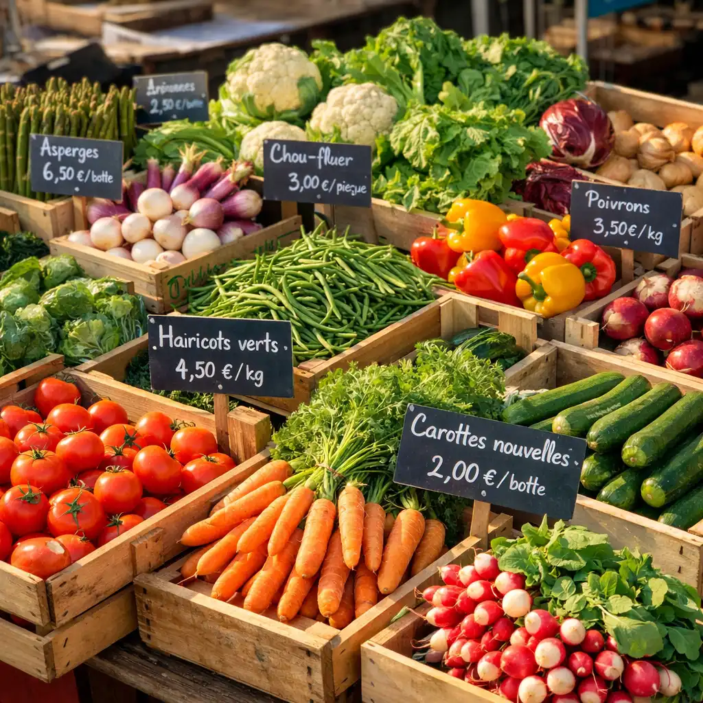 Étalage de légumes frais de saison sur un marché