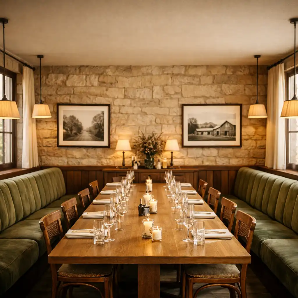 Vue d'ensemble de la salle principale avec ses longues tables en bois clair, banquettes en velours vert sauge et grandes fenêtres baignées de lumière naturelle