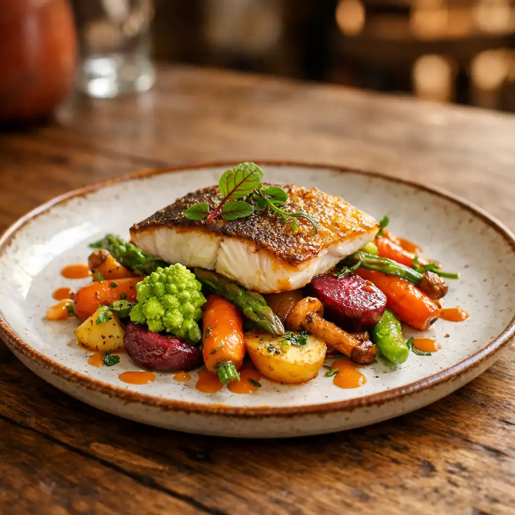 Plat de saison dressé avec des légumes colorés et une viande rôtie sur une assiette artisanale