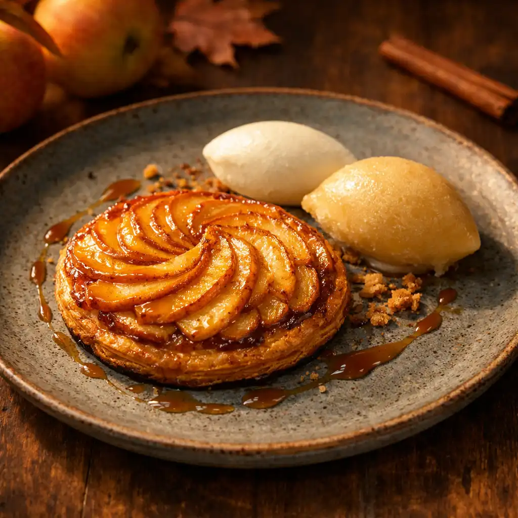 Tarte fine aux pommes caramélisées avec crème crue et sorbet au calvados